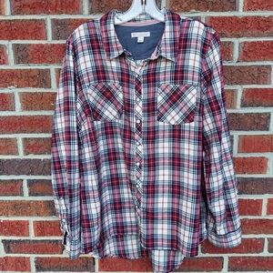 Dress Barn Size Large Plaid Shirt. Never Worn. Shimmer Threading not over done.